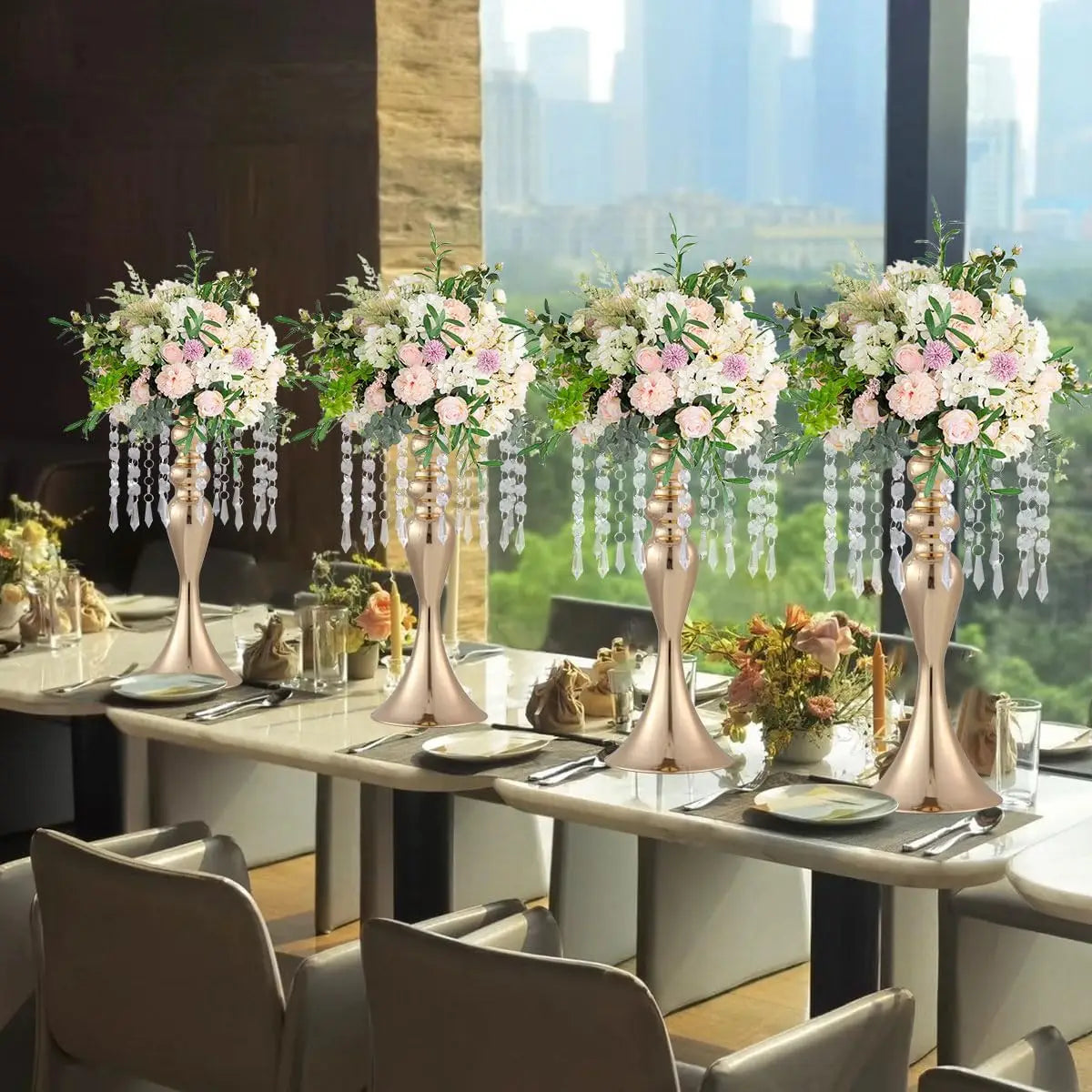 VINCIGANT Gold Metal Flower Stands With Crystal Beads Wedding Centerpieces