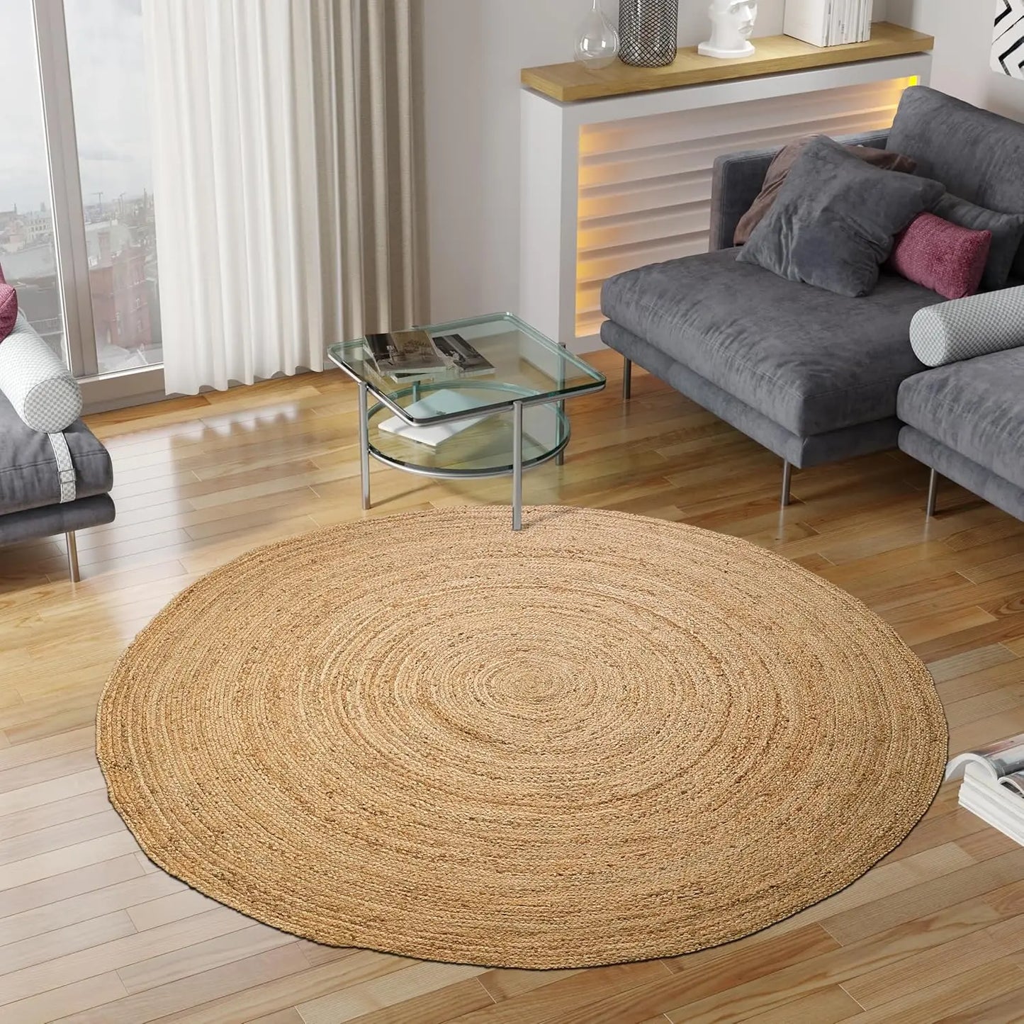 Hand Woven Jute Braided Round Rug Natural Reversible Living Room