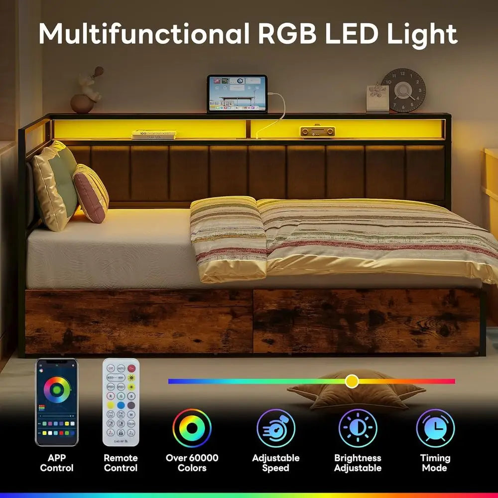 Corner Daybed With Storage LED Light And Charging Station