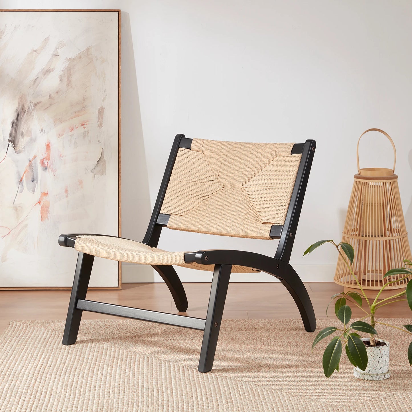 FARINI Rubberwood Modern Accent Chair with Arms Woven Mid Century