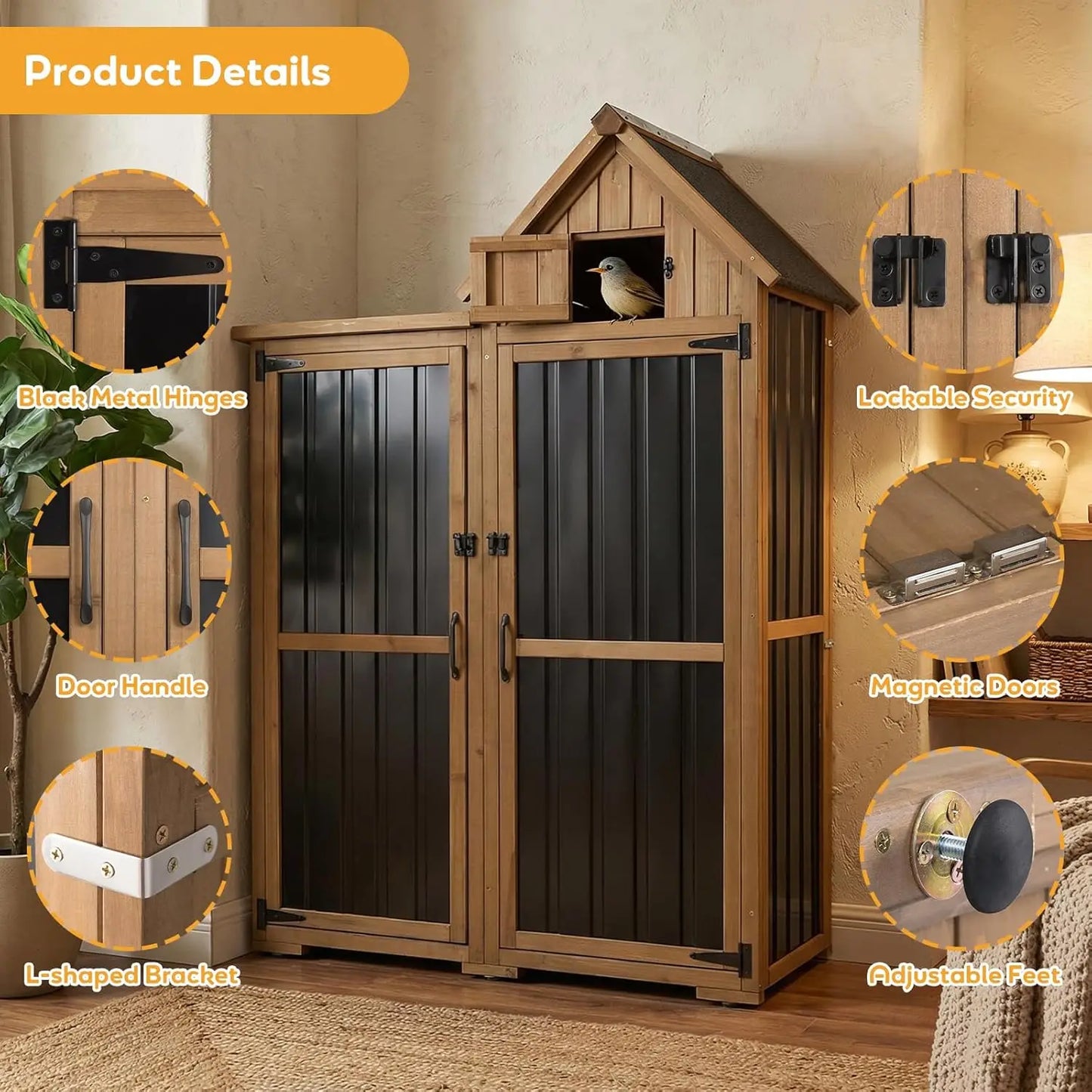 Outdoor Storage Cabinet Wood Metal Garden Shed With Lockable Doors