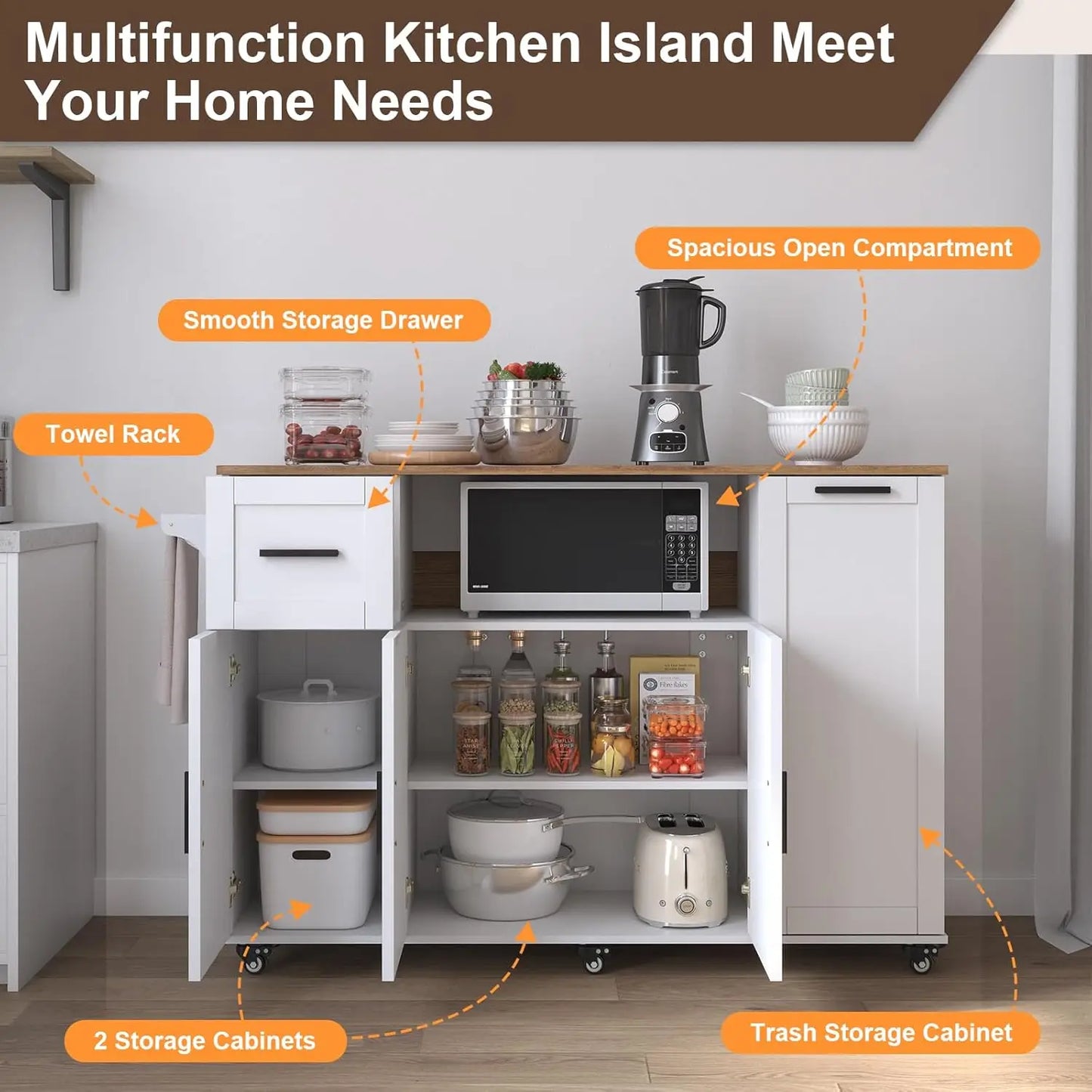 Kitchen Storage Island With Drop Leaf And Rolling Cabinet Cart