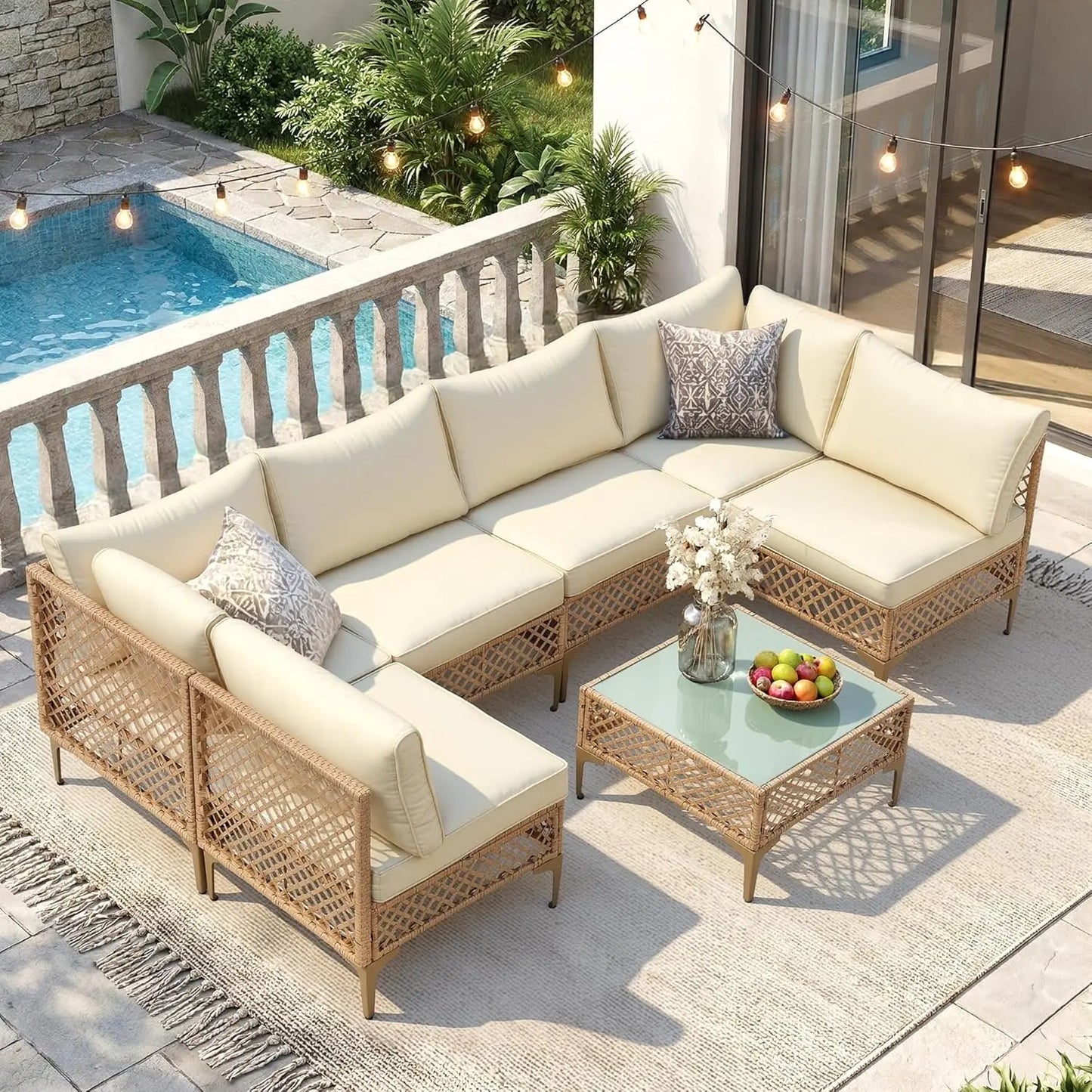 7 Piece Wicker Patio Sectional Sofa Set With Cushions And Glass Table