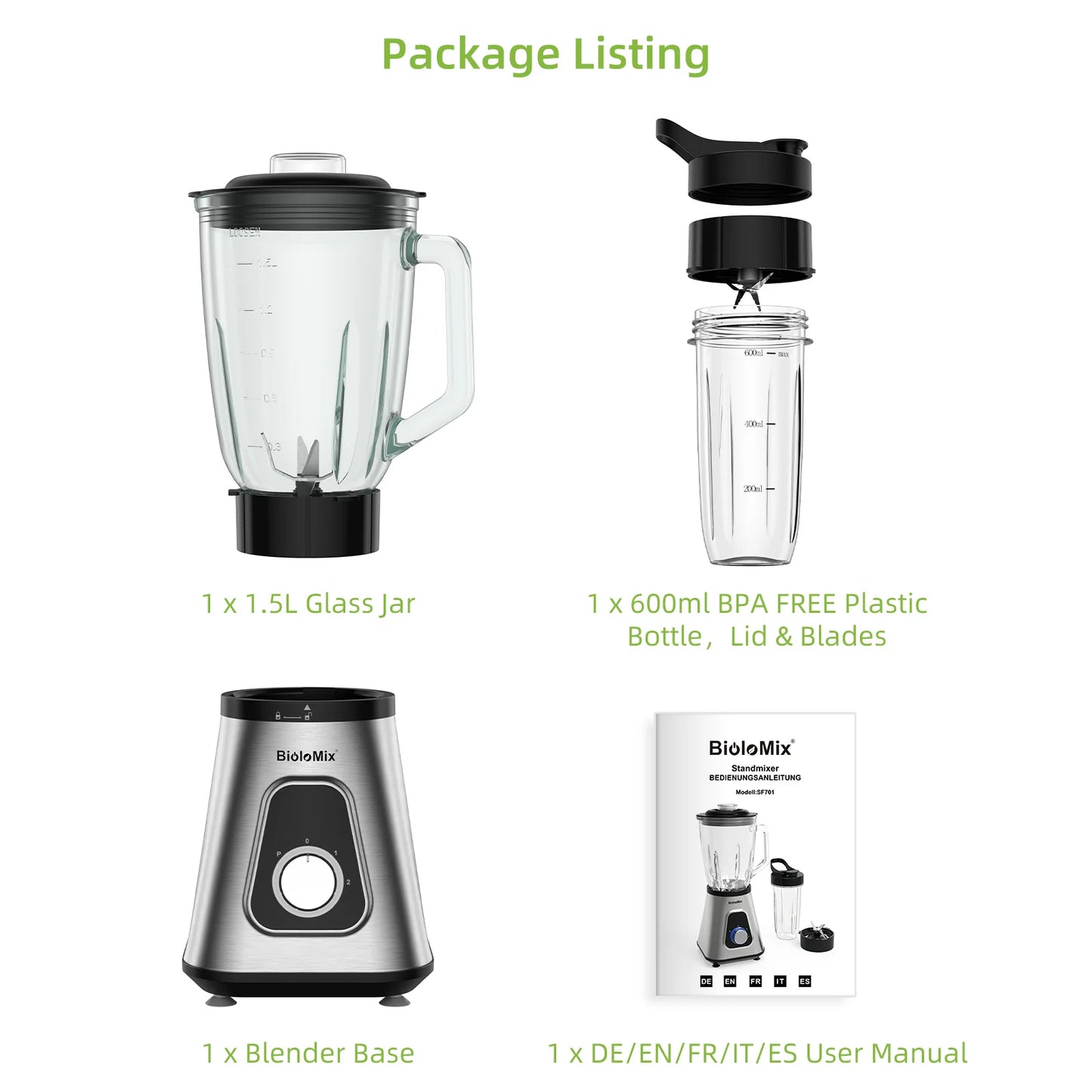 Biolomix 1300W Smoothie Blender Glass Jar For Frozen Drinks