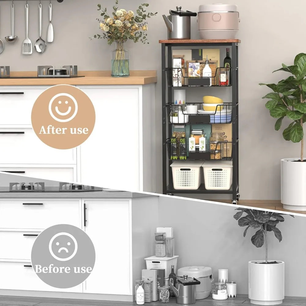 5-Tier Kitchen Storage Cart With Wood Top And Baskets