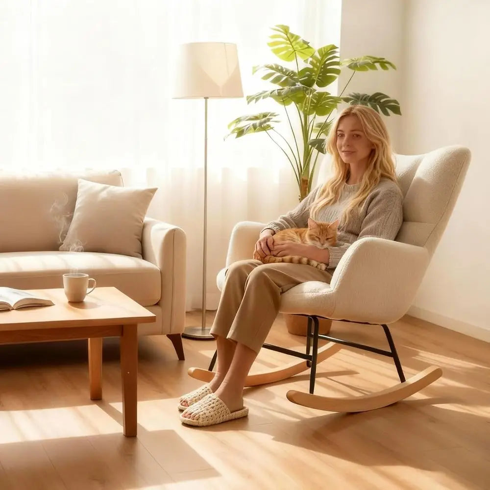Rocking Chair With High Backrest Upholstered Reading Glider