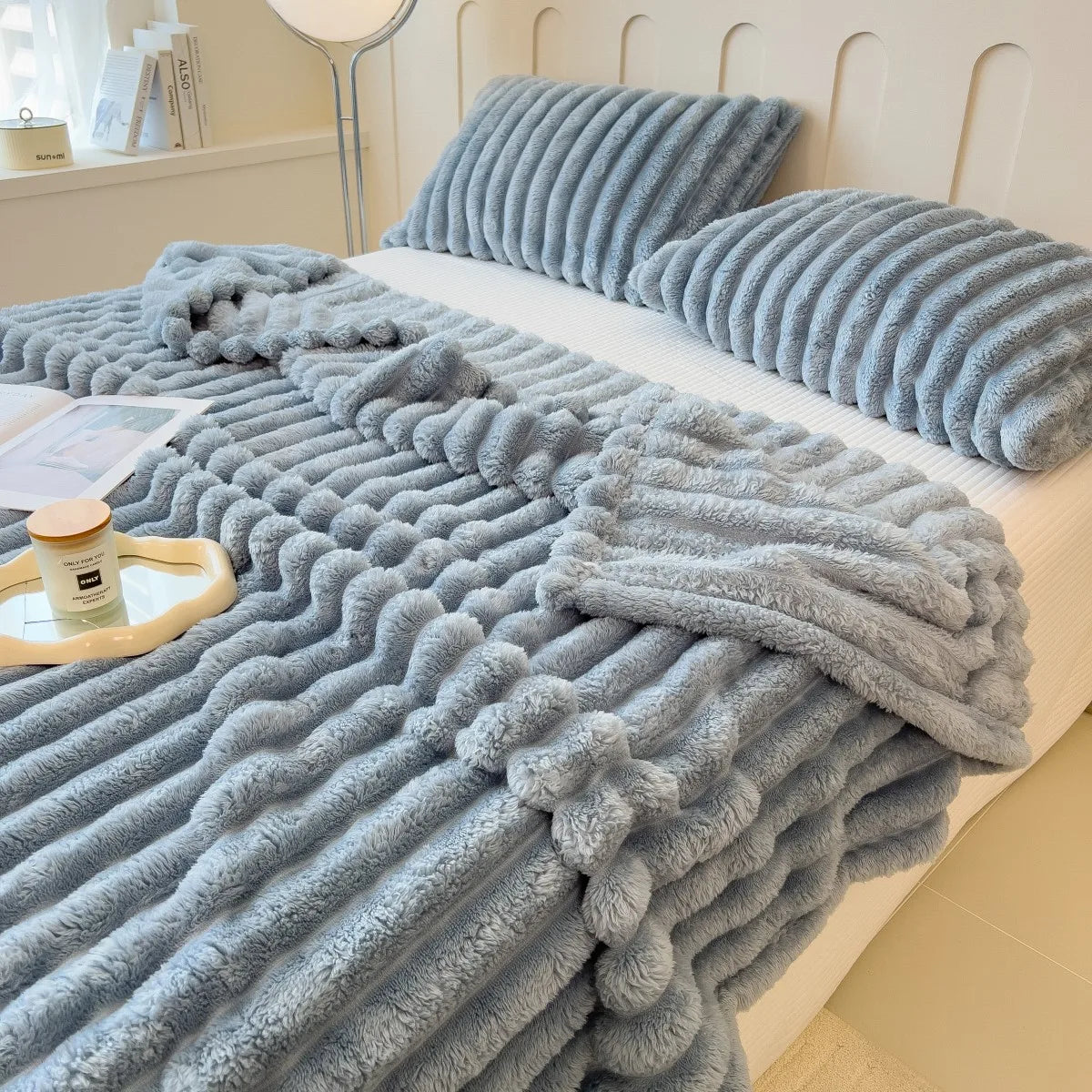 Thick Solid Color Wide Striped Multifunction Blanket for Bed