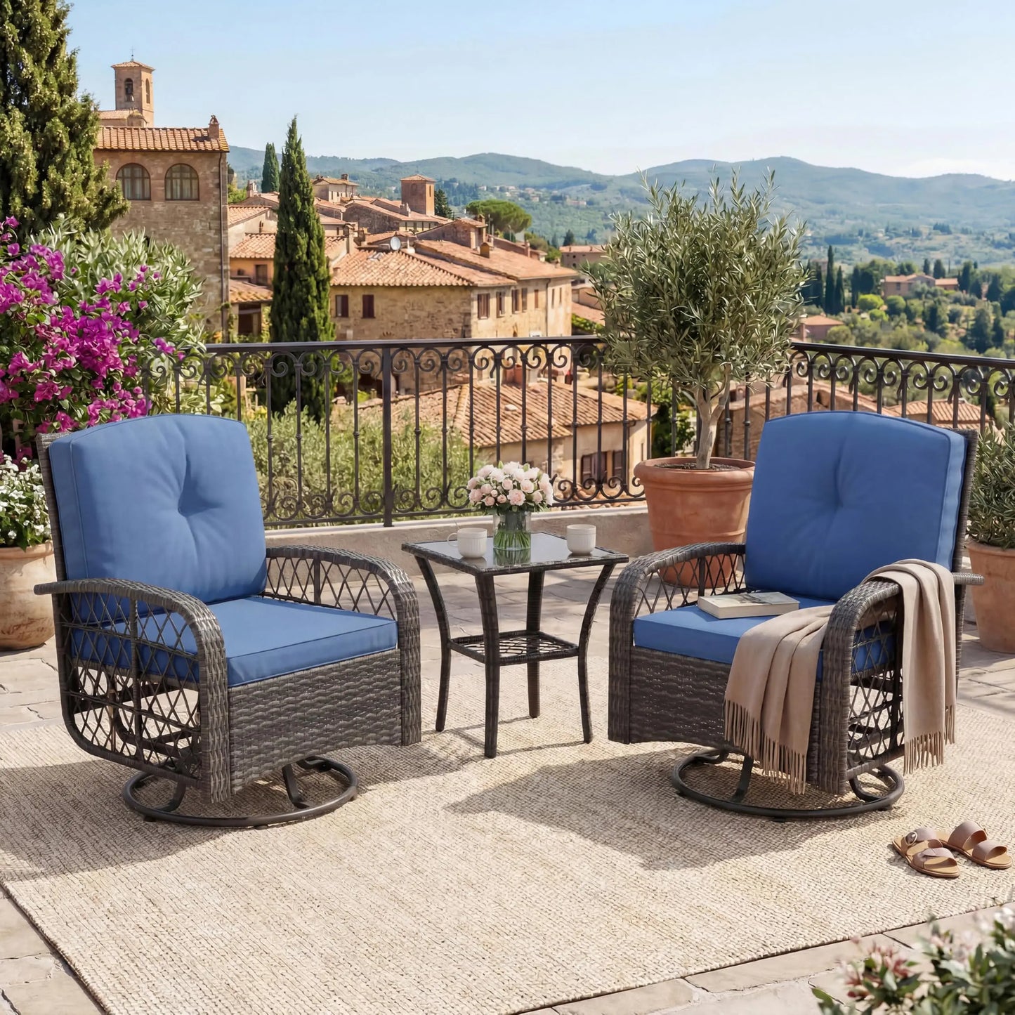 HobbyLane Outdoor Wicker Conversation Set 3 Piece With Glass Table