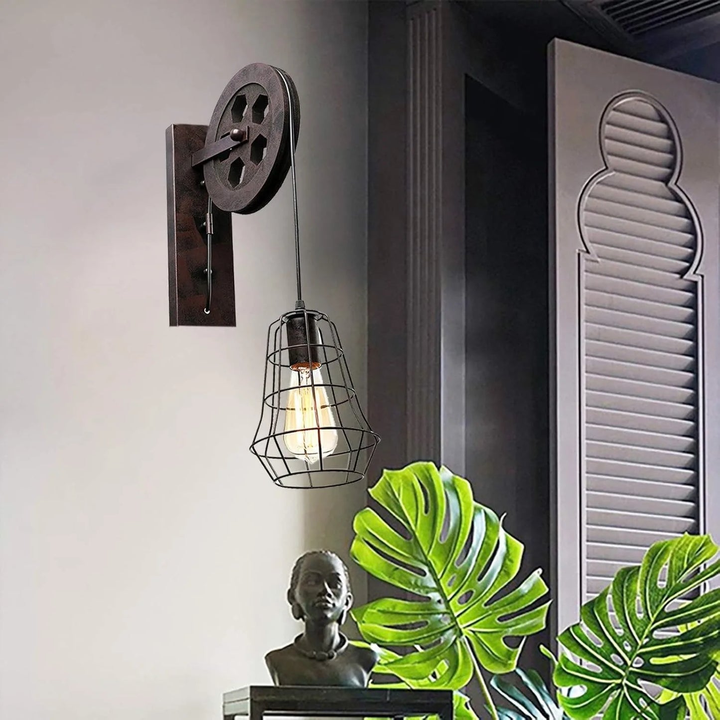 Bymaocar Industrial Wall Sconce Lift Pulley Vintage Farmhouse Lamp