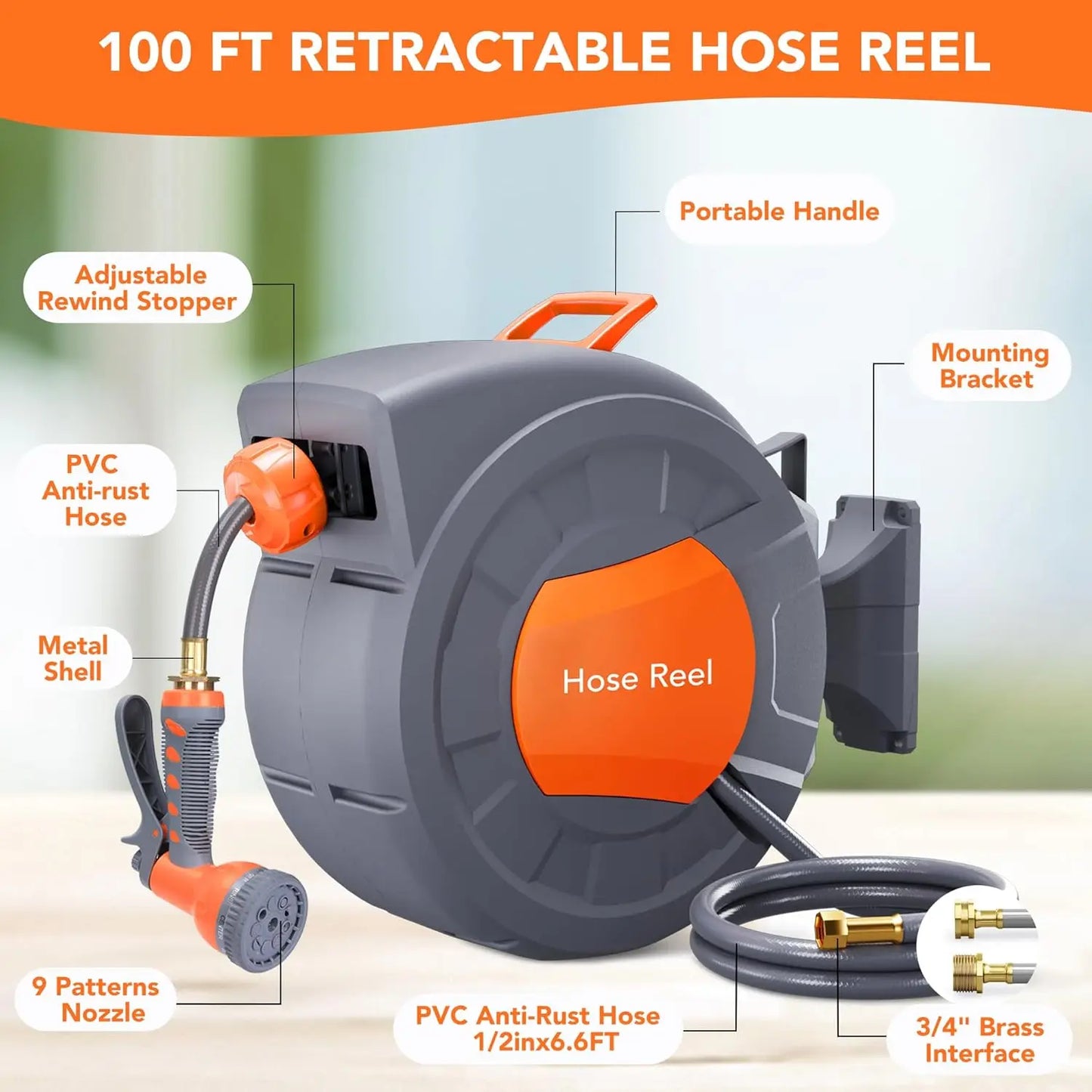 TWISTER.CK Retractable Garden Hose Reel With 9-Function Sprayer Nozzle