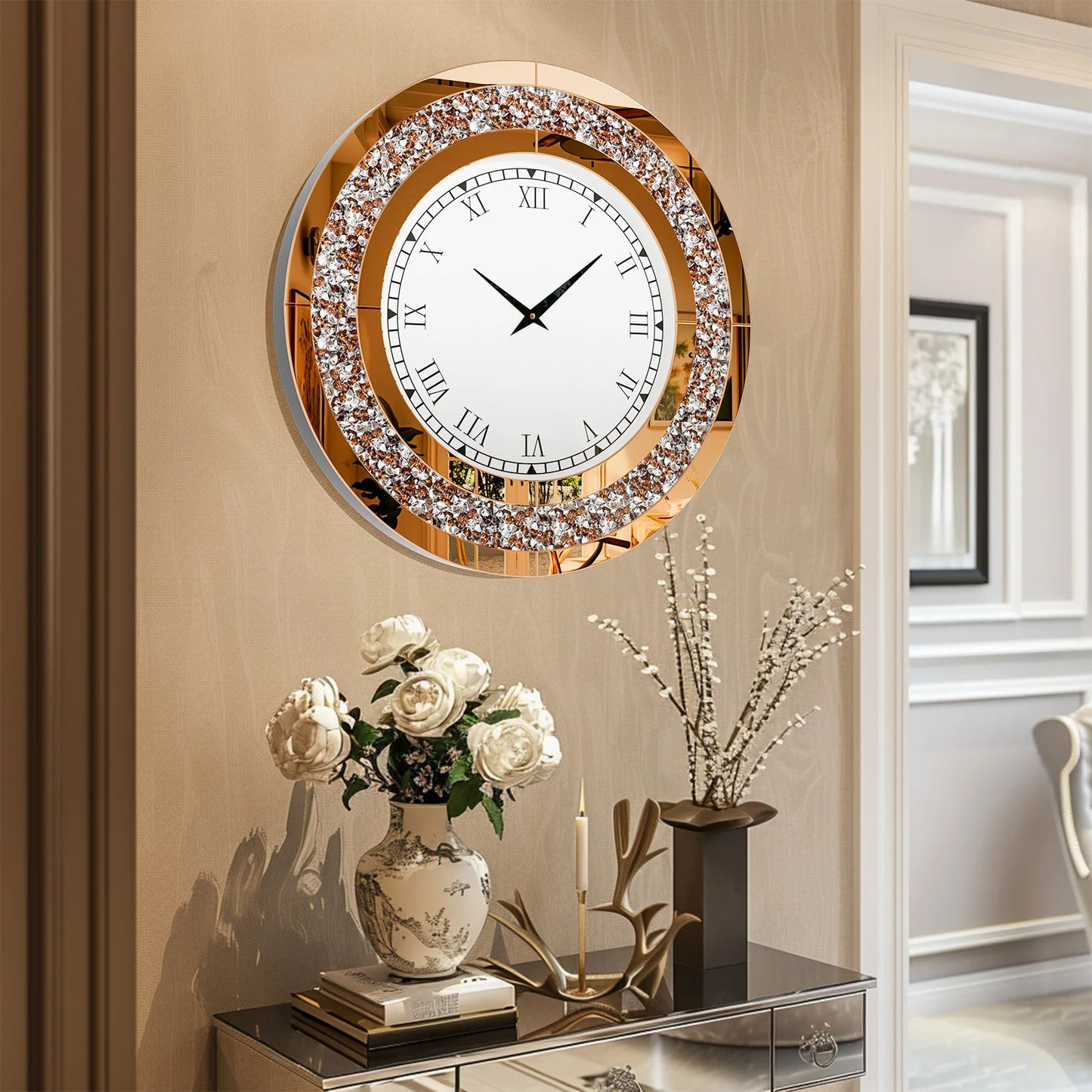 Round Mirror Wall Clock With Crystal Sparkle Finish