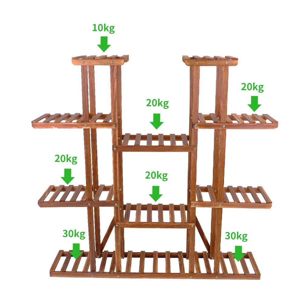 11 Tier Wood Plant Stand Carbonized Pot Display Shelf Indoor