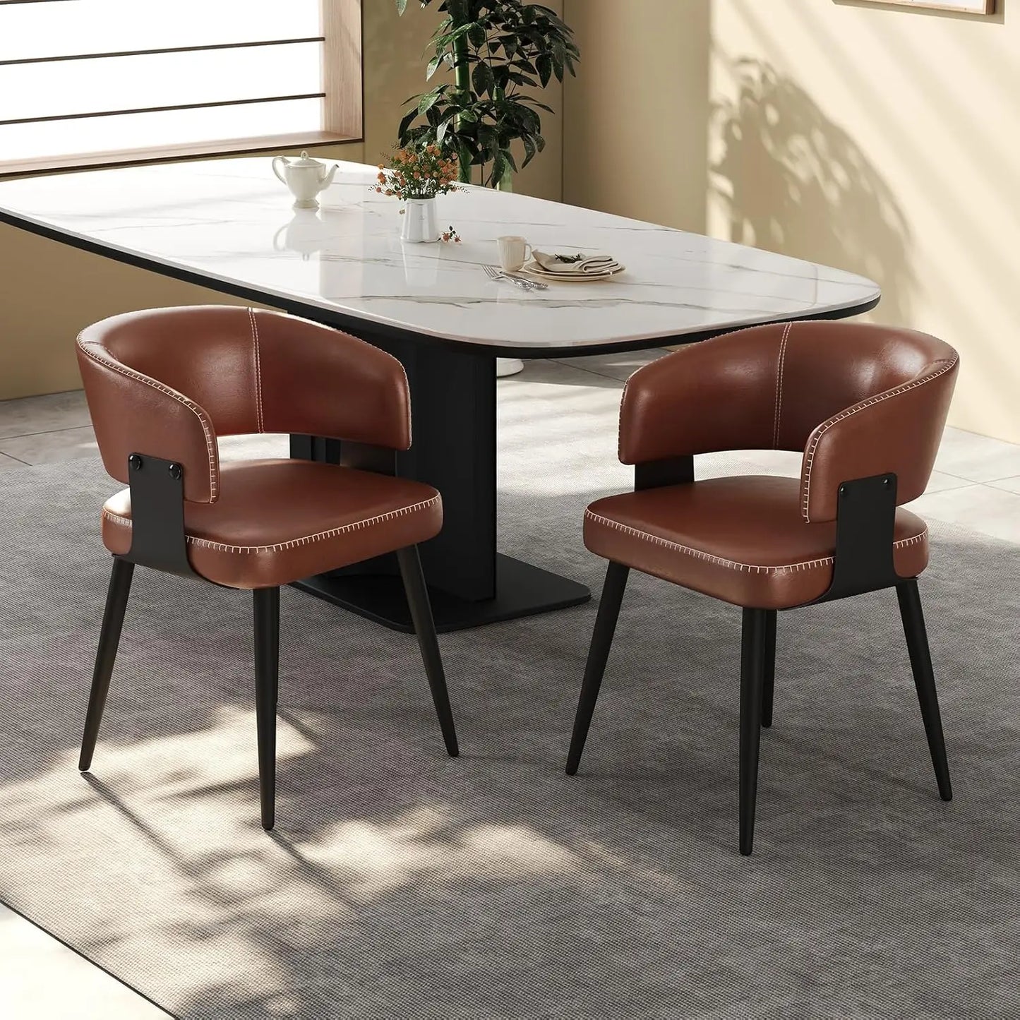 GUOHE Modern Faux Leather Dining Chairs Pair With Curved Back
