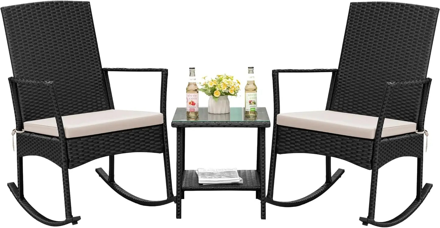 Flamaker PE Rattan Rocking Chair Patio Set With Glass Table