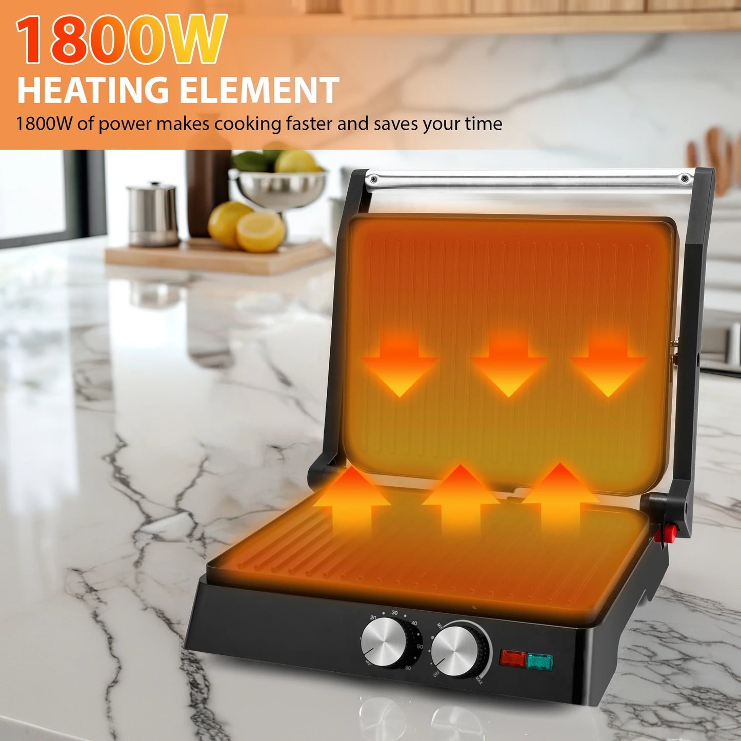 Suslas 1800W Electric Grill Panini Press With Nonstick Plates