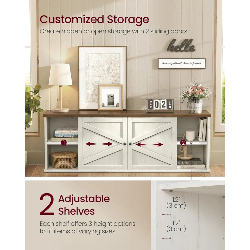 Frame Farmhouse TV Stand With Sliding Barn Doors And Cabinets
