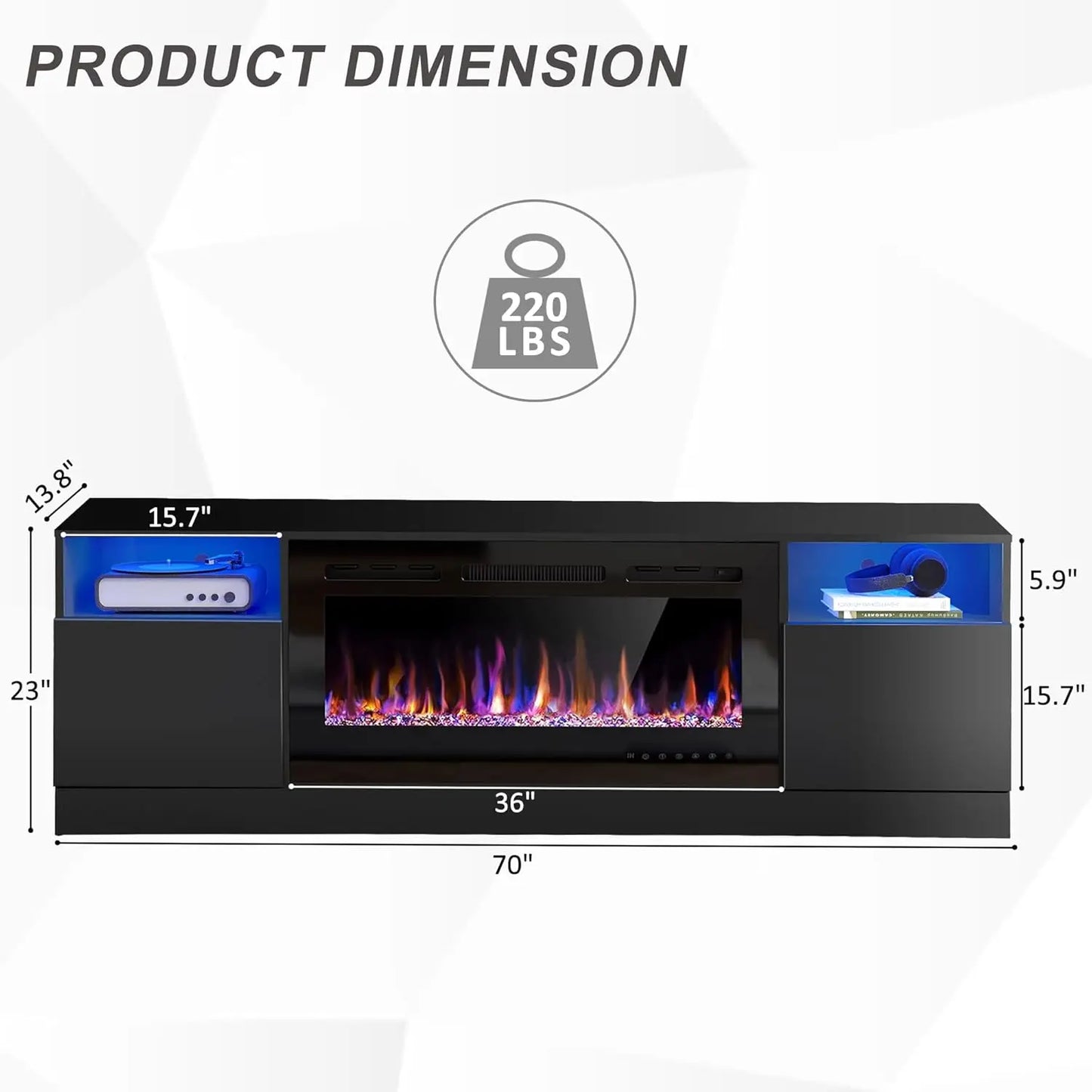 Electric Fireplace TV Stand With LED Lights Entertainment Center Storage