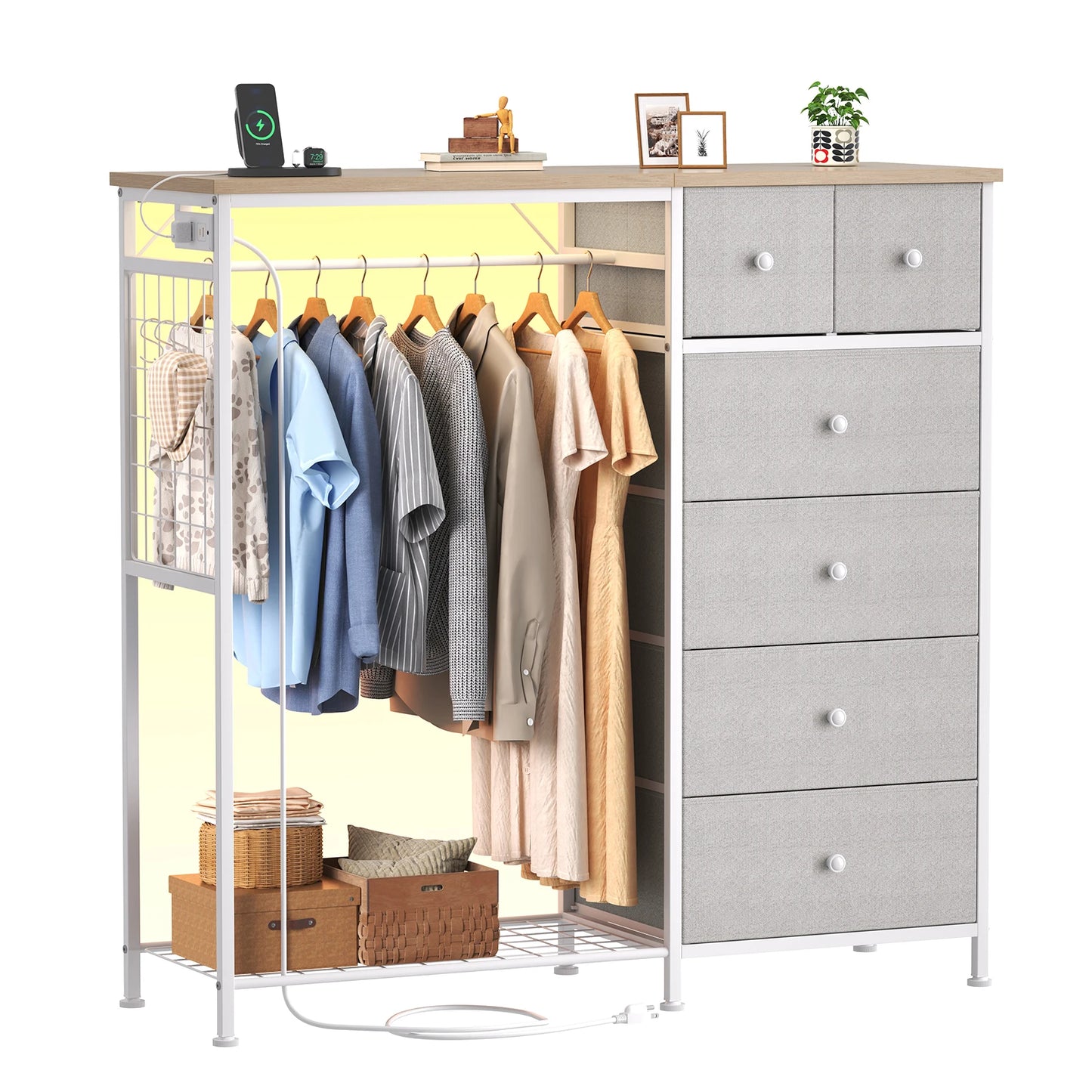 JHK Fabric Dresser With Hanging Rack Charging Station LED Lights