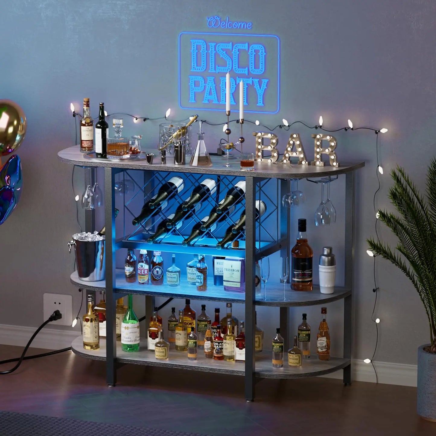 JHK Living Room LED Bar Cabinet With Storage And Charging
