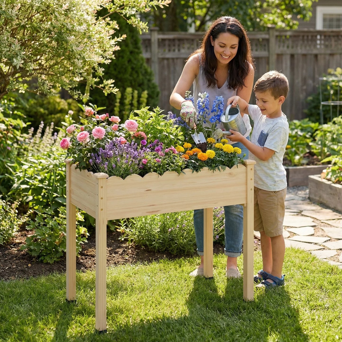 Wood Raised Bed Planter Box With Shelf For Balcony Garden