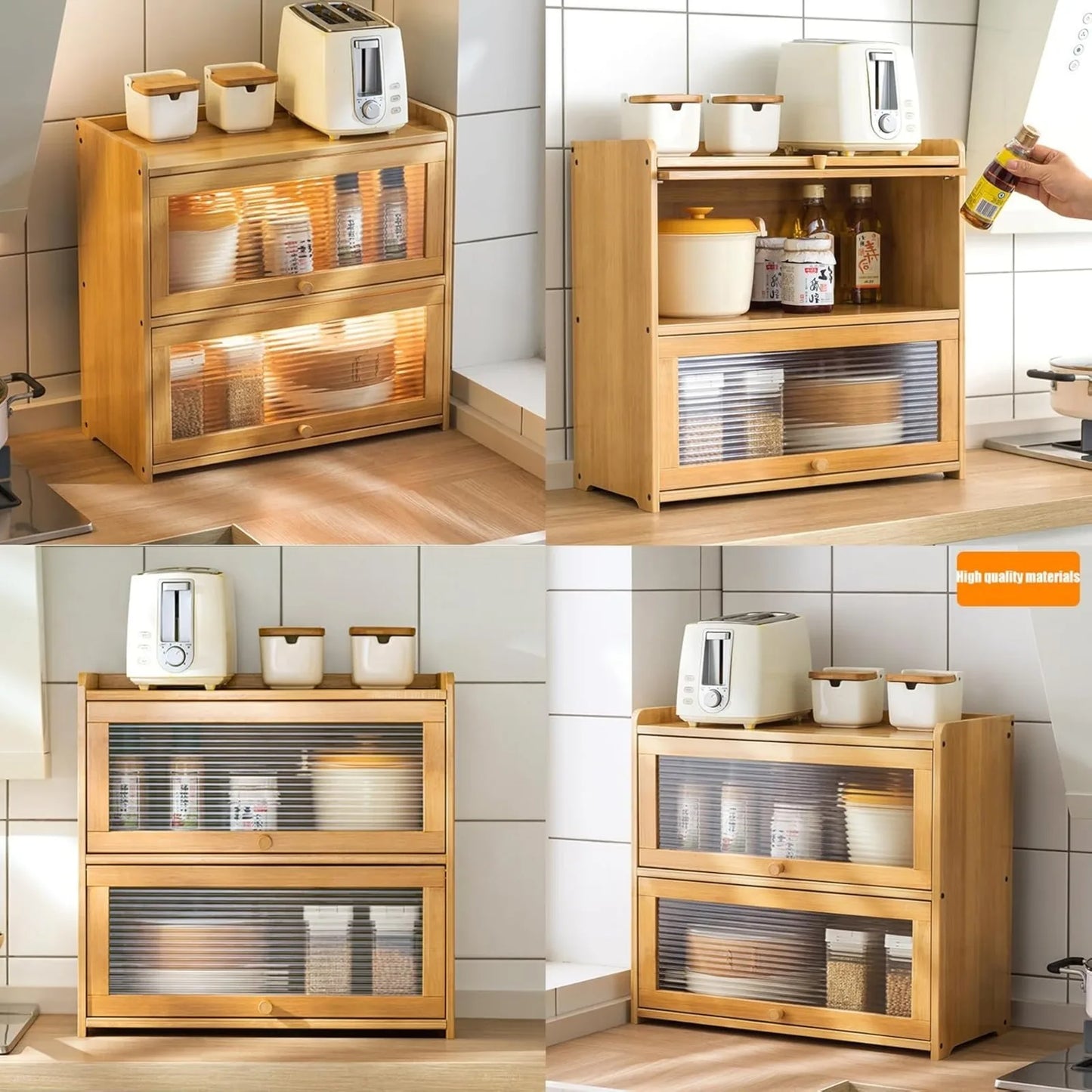 2-Tier Bamboo Kitchen Organizer Cabinet With Clear Acrylic Doors