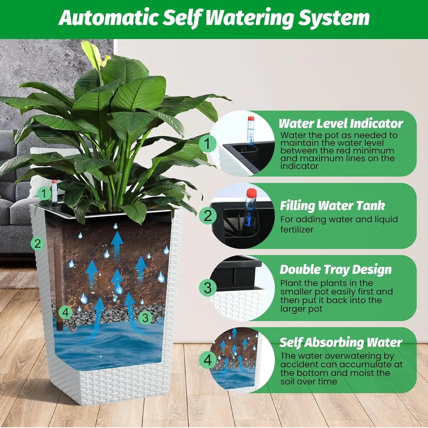 DishyKooker Rattan Planter Set With Water Level Monitor And Wheels