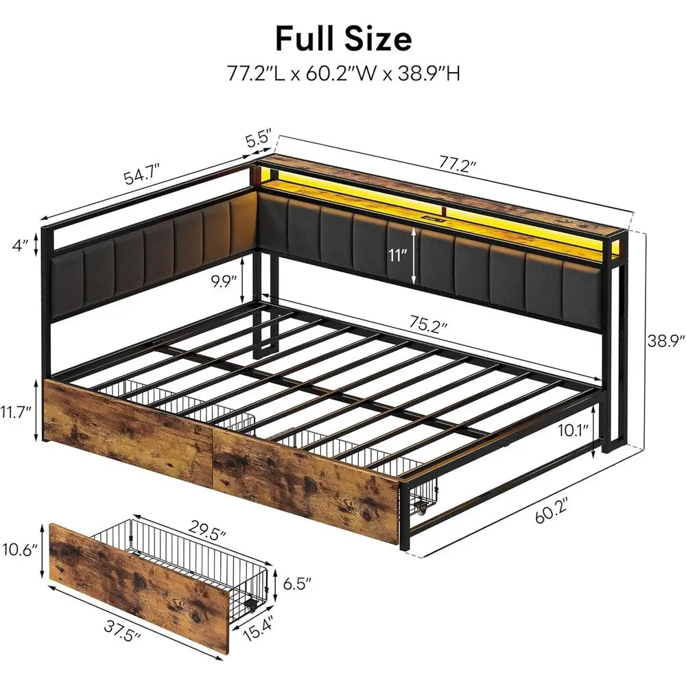 Corner Daybed With Storage LED Light And Charging Station