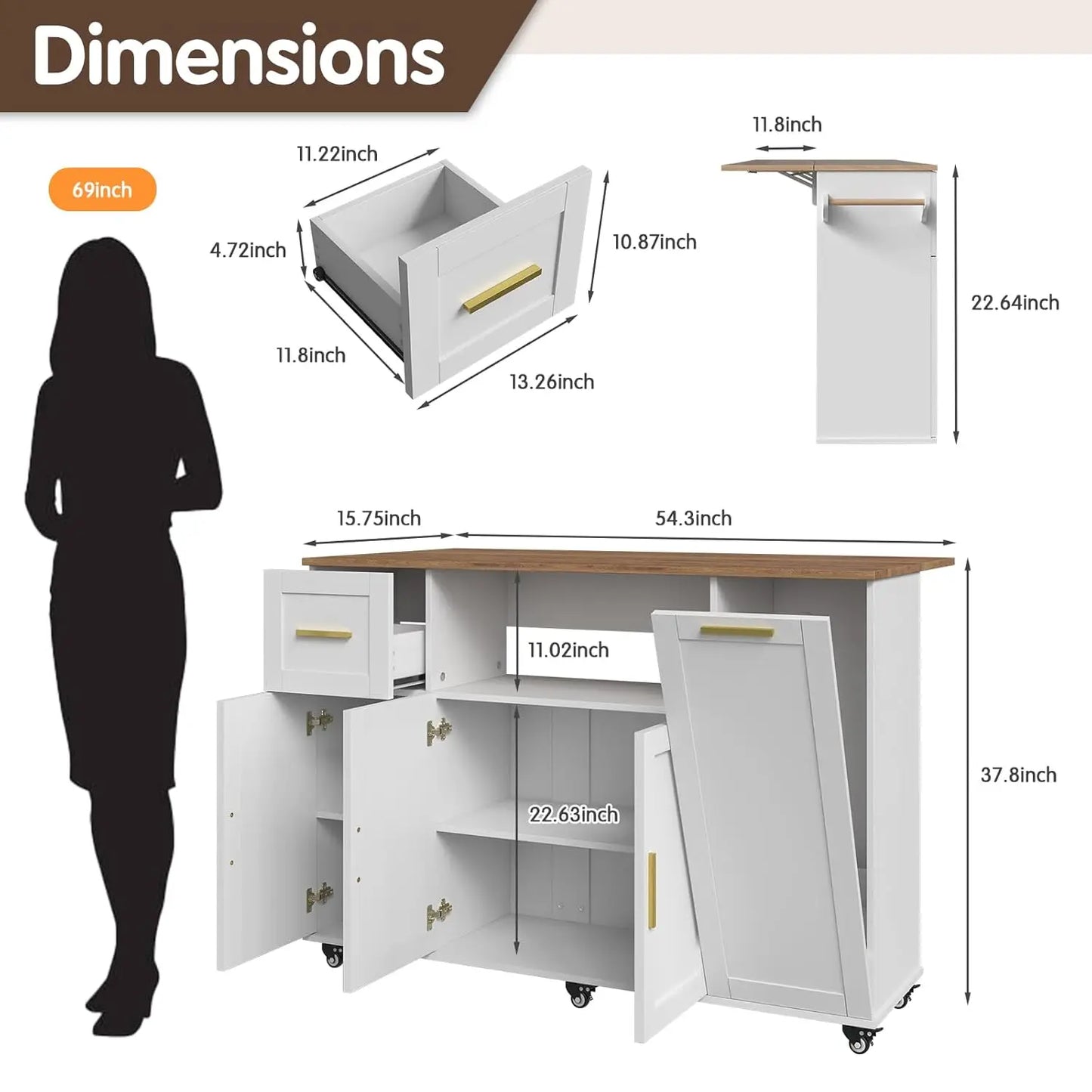 Kitchen Storage Island With Drop Leaf And Rolling Cabinet Cart