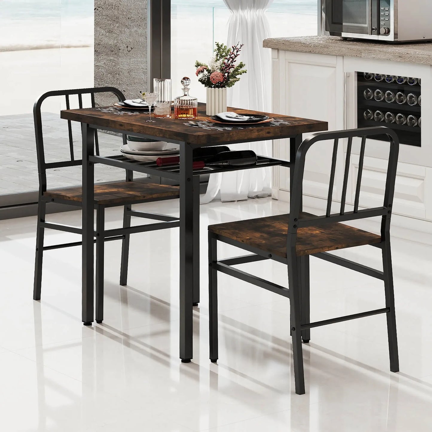 3 Piece Wooden Dining Table And Chairs Set With Storage