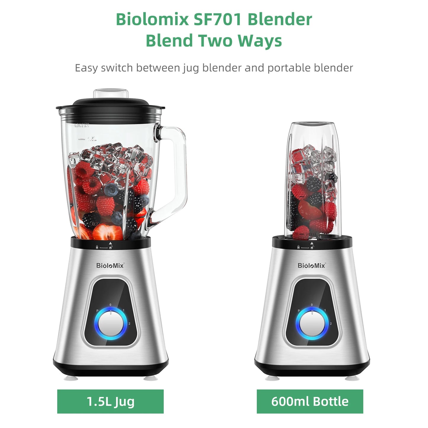 Biolomix 1300W Smoothie Blender Glass Jar For Frozen Drinks