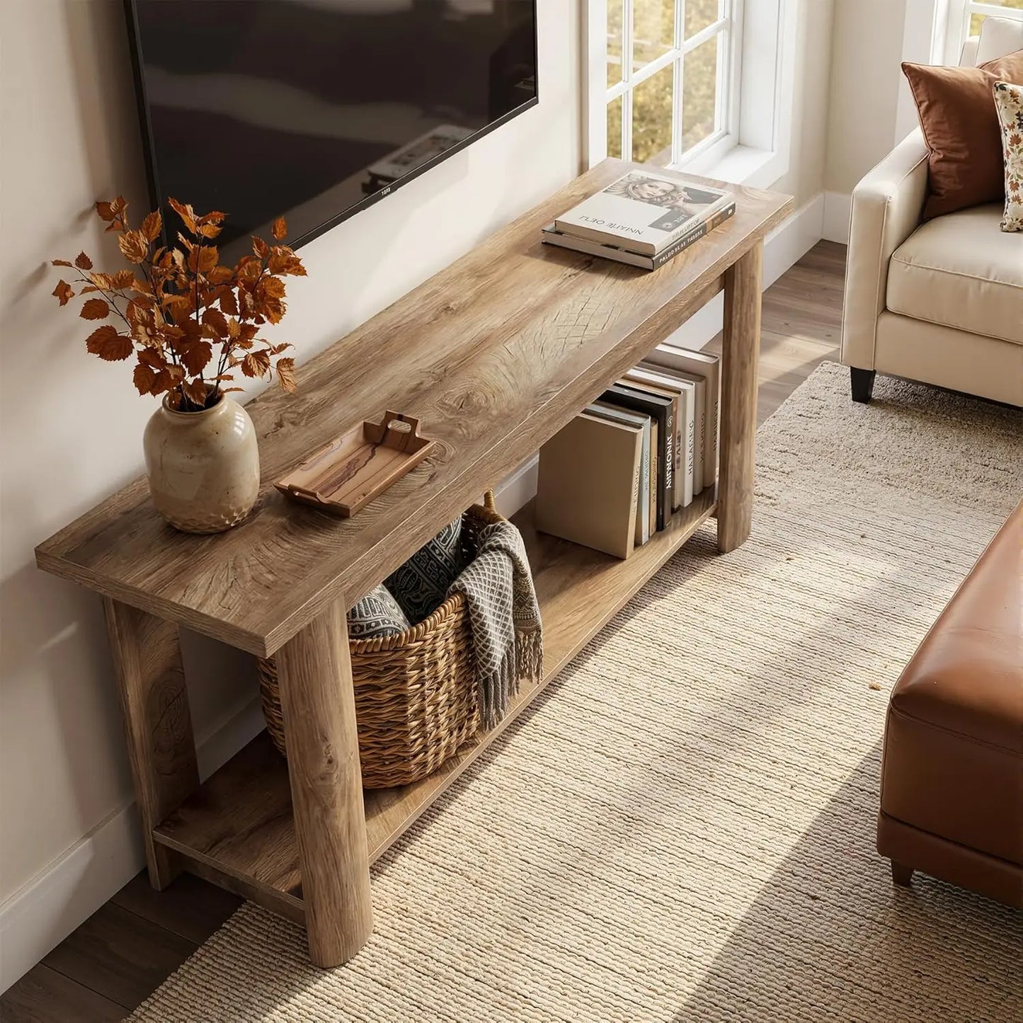 Farmhouse TV Stand Entertainment Center With 2-Tier Storage Shelf