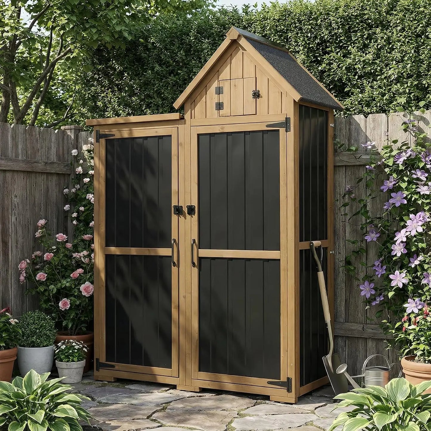 Outdoor Storage Cabinet Wood Metal Garden Shed With Lockable Doors
