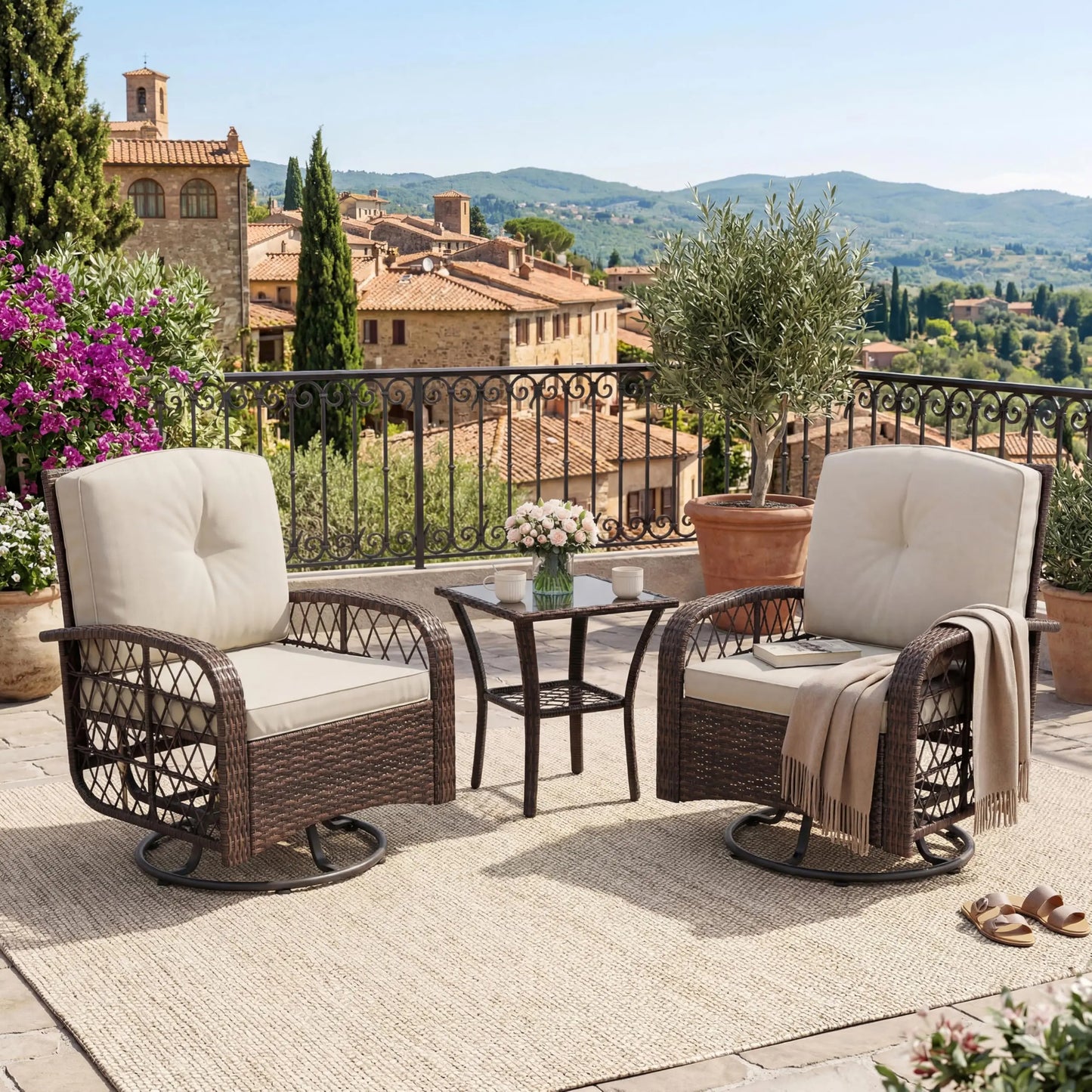 HobbyLane Outdoor Wicker Conversation Set 3 Piece With Glass Table