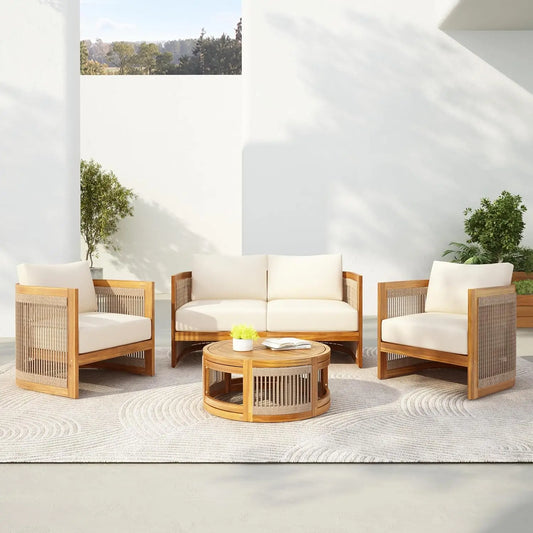 Acacia Wood Outdoor 4 Piece All Weather Patio Conversation Set