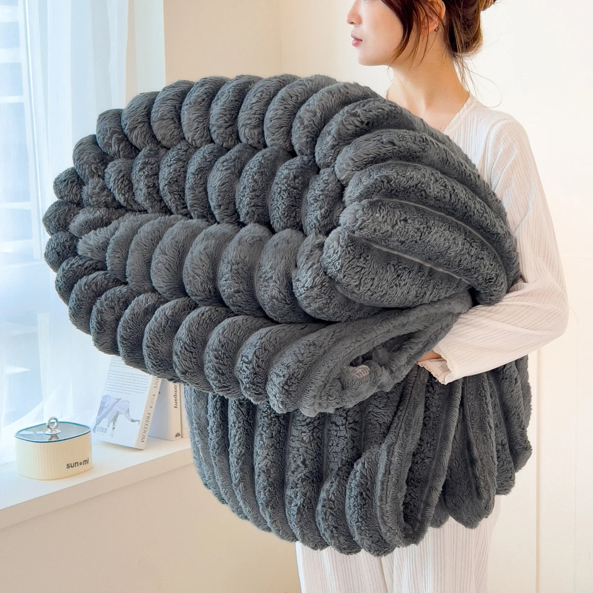 Thick Solid Color Wide Striped Multifunction Blanket for Bed