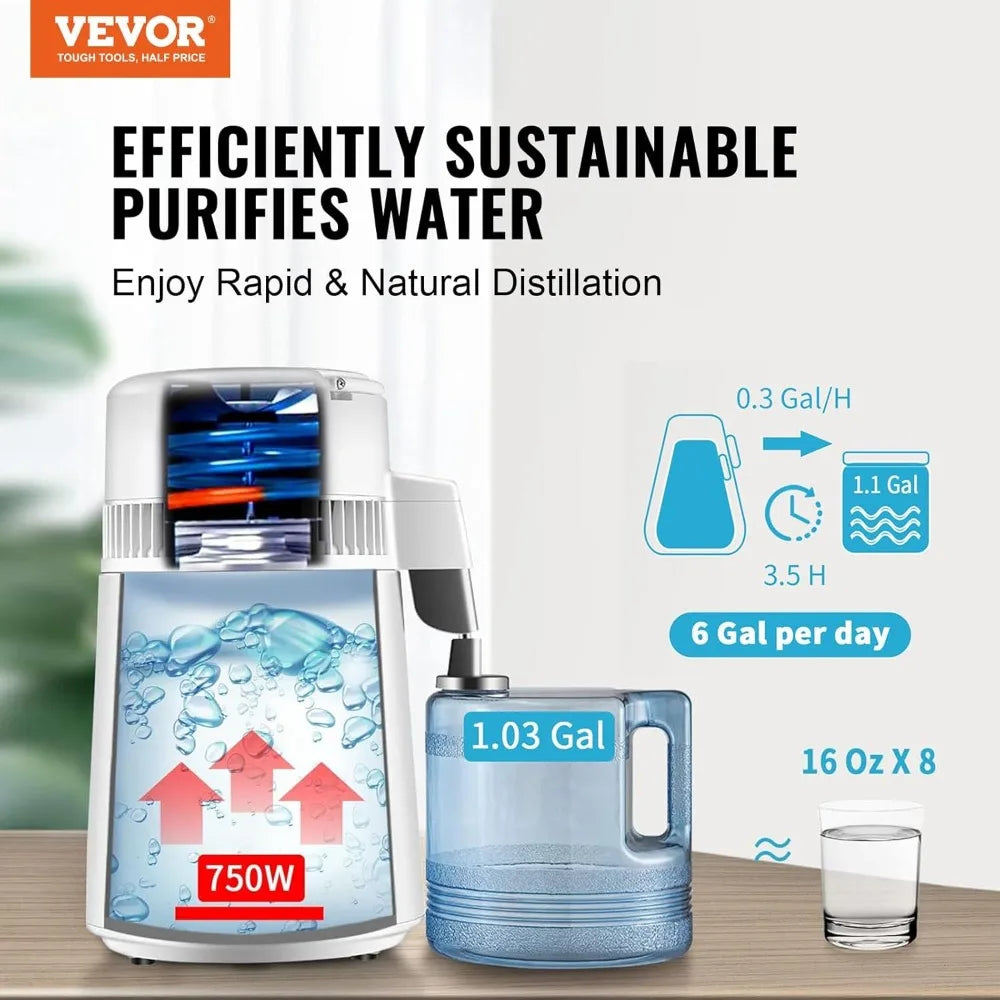 Water Distiller 750W Countertop With Auto-Shutdown And BPA-Free Container