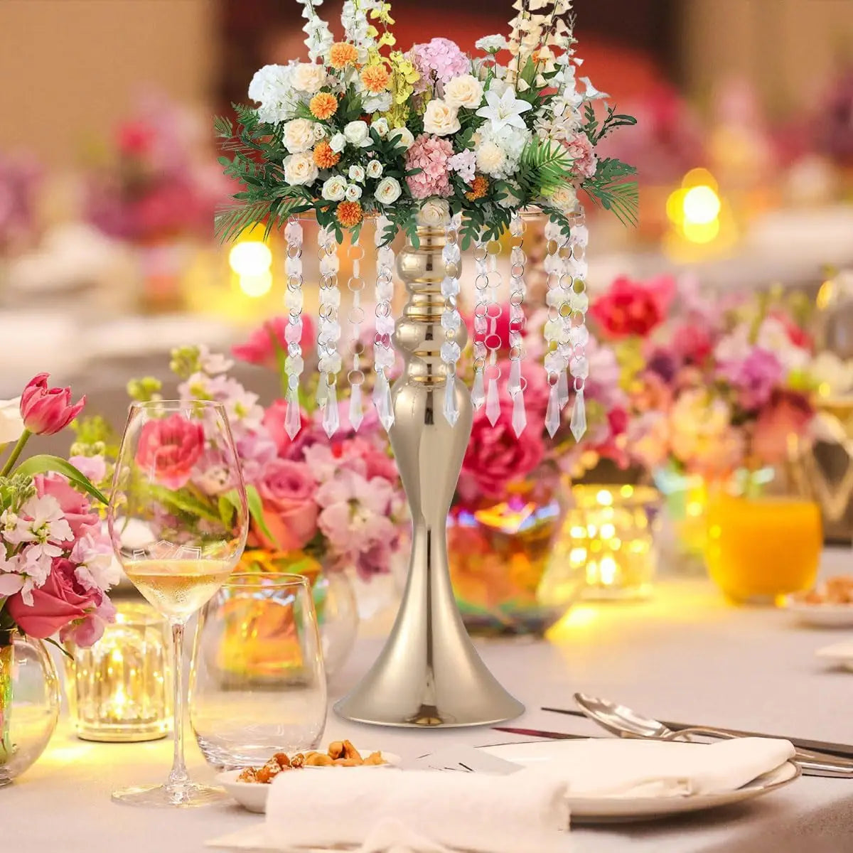 VINCIGANT Gold Metal Flower Stands With Crystal Beads Wedding Centerpieces