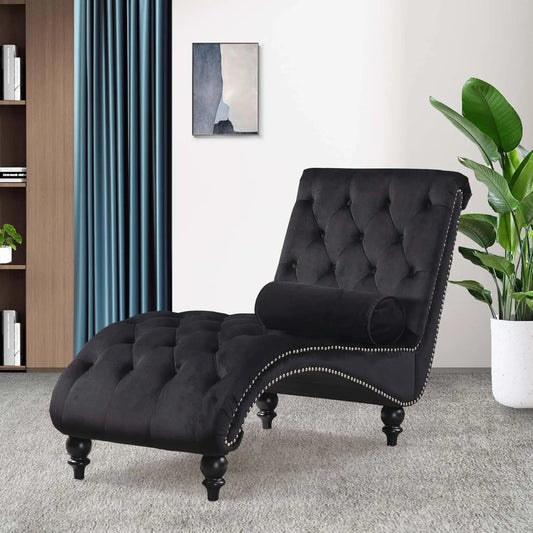 Armless Velvet Chaise Lounge Chair With Tufted Back And Pillow