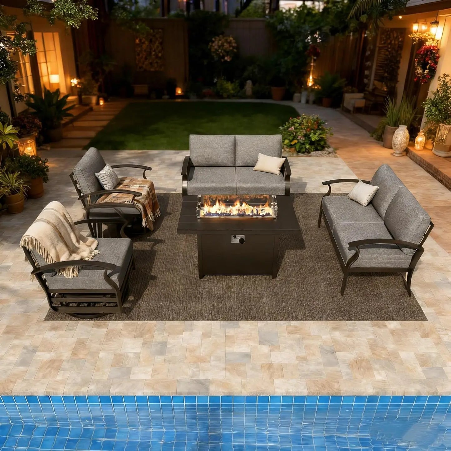 Aluminum Patio Furniture Set With Fire Pit And Waterproof Chairs