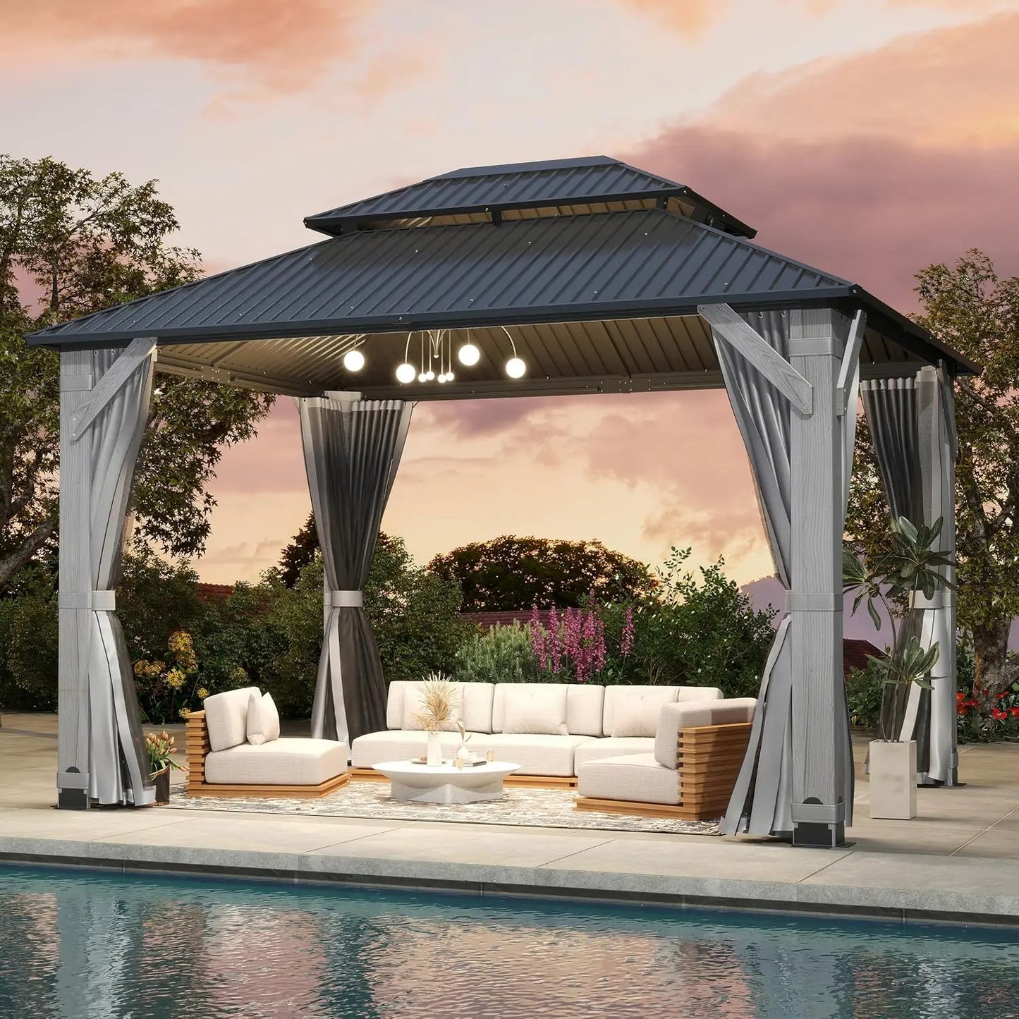 Cedar Wood Gazebo With Waterproof Steel Roof For Outdoor Patio