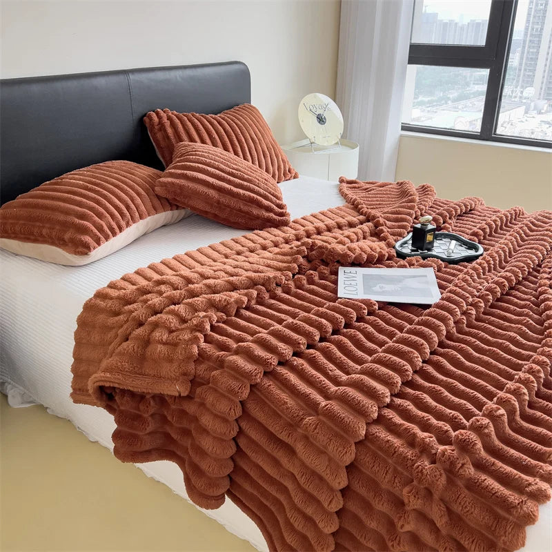 Thick Solid Color Wide Striped Multifunction Blanket for Bed