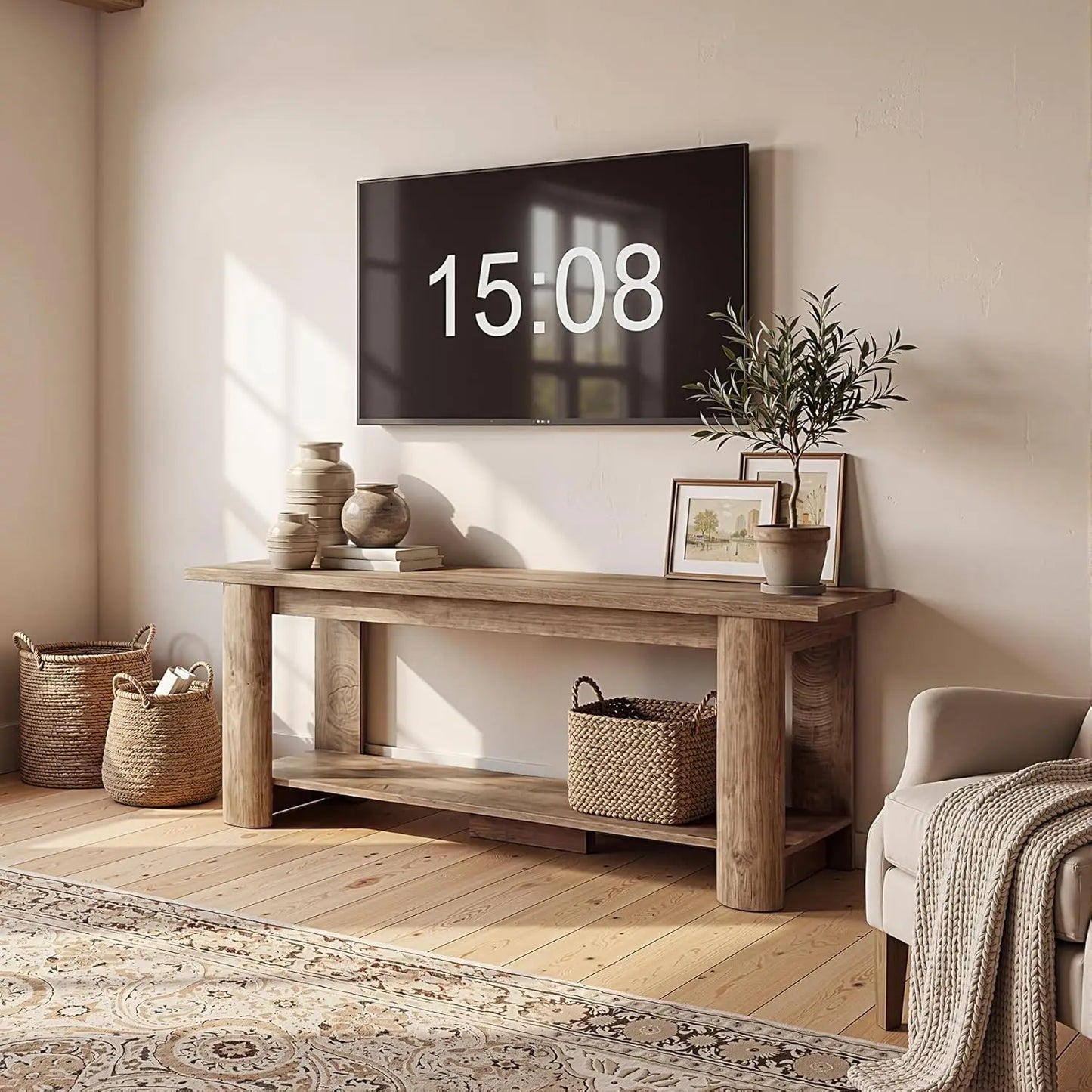 Farmhouse TV Stand Entertainment Center With 2-Tier Storage Shelf