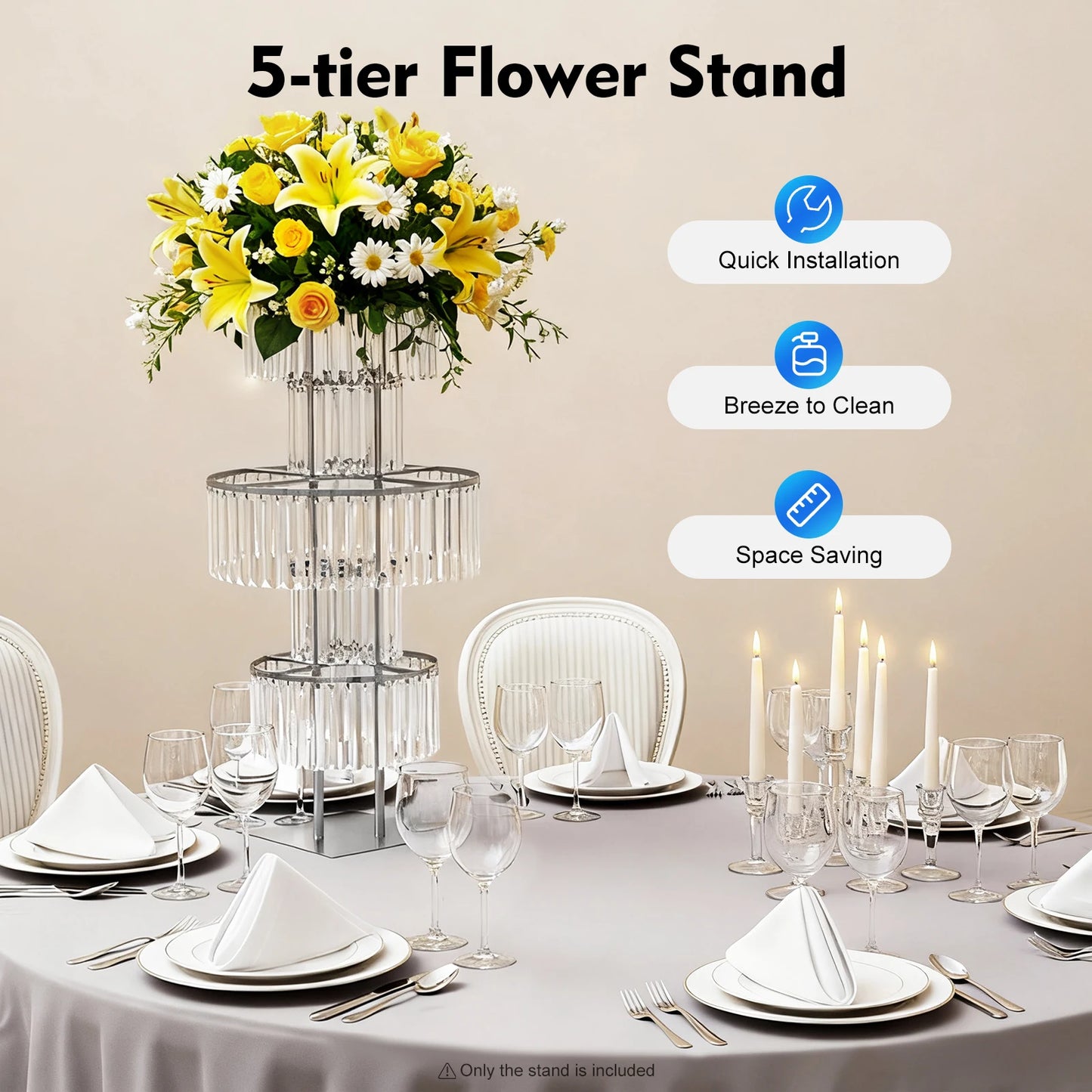 5-Tier Acrylic Crystal Flower Stand For Wedding Centerpieces Iron Frame