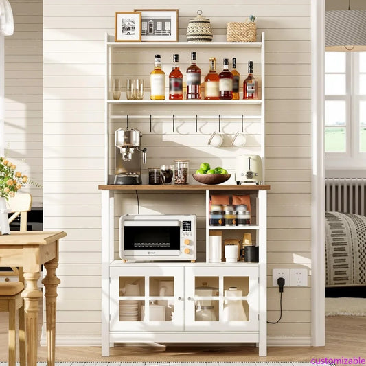 XMSJ Farmhouse Bakers Rack With Power Outlets And Storage