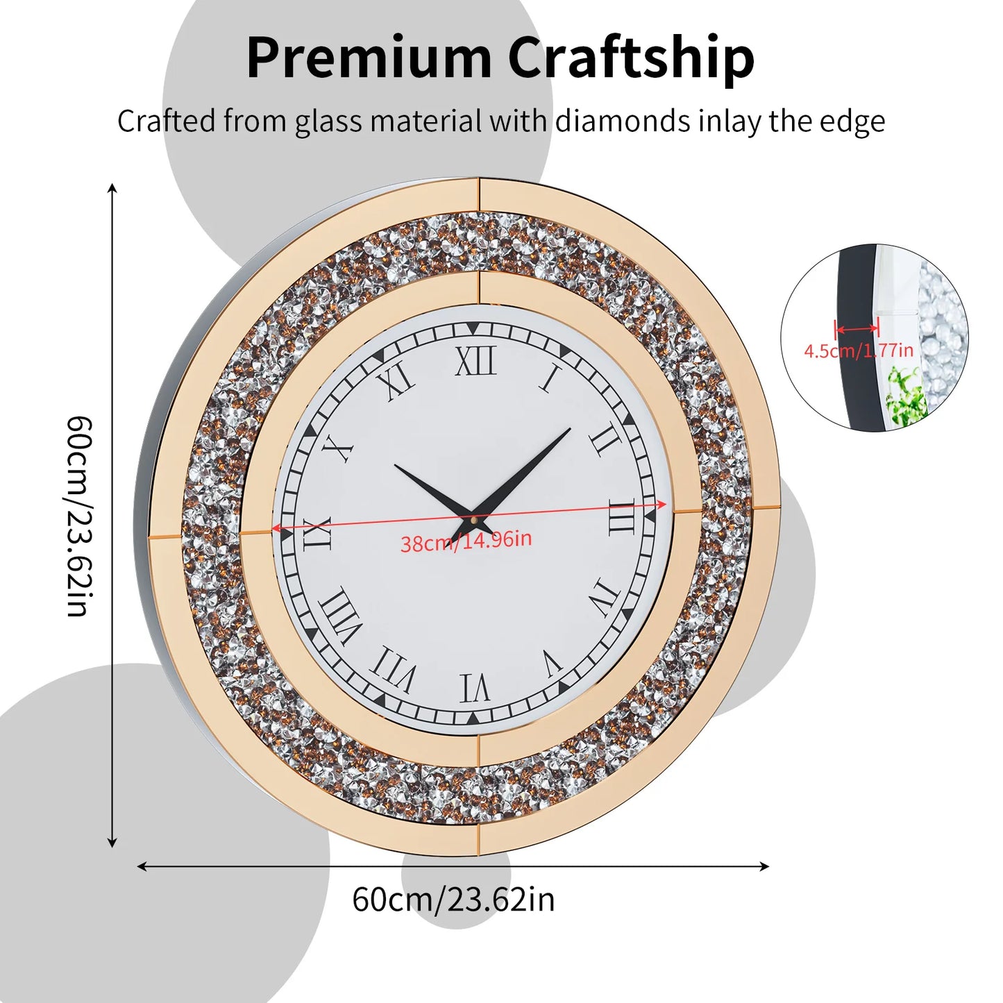 Round Mirror Wall Clock With Crystal Sparkle Finish