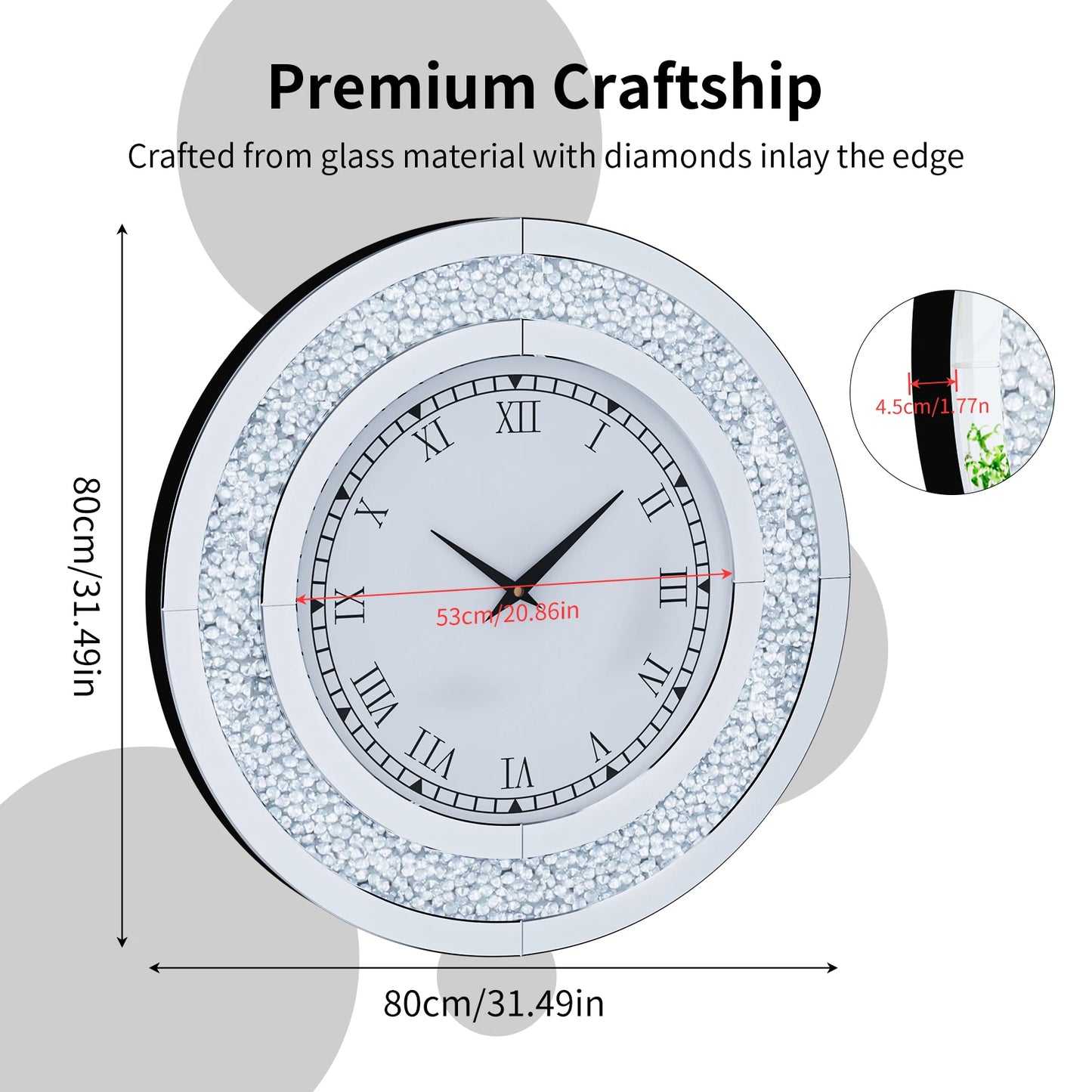 Round Mirror Clock With Crystal Accents For Wall Decor