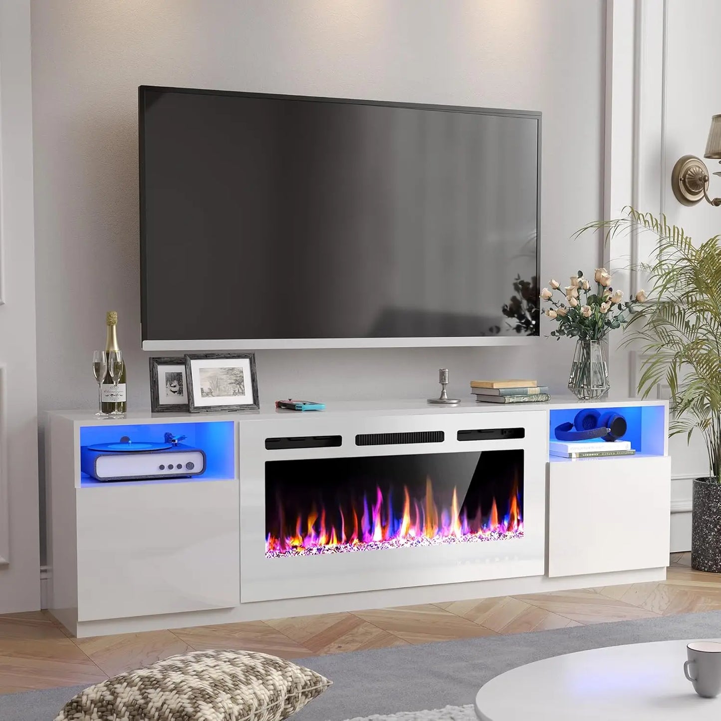 Electric Fireplace TV Stand With LED Lights Entertainment Center Storage