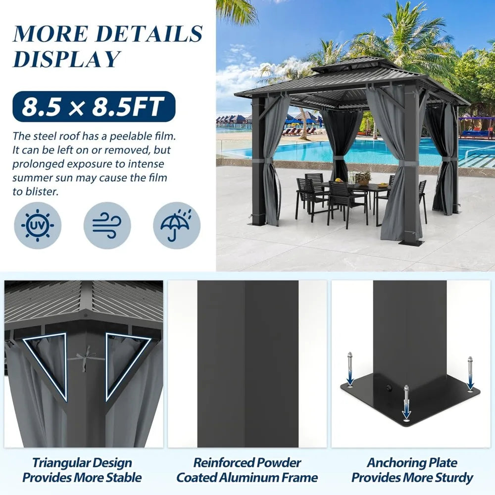 DUOFU Aluminum Hardtop Gazebo With Double Vent Roof Netting Curtains