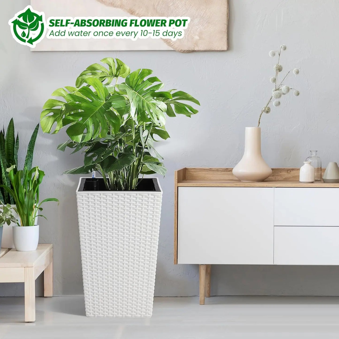 DishyKooker Rattan Planter Set With Water Level Monitor And Wheels