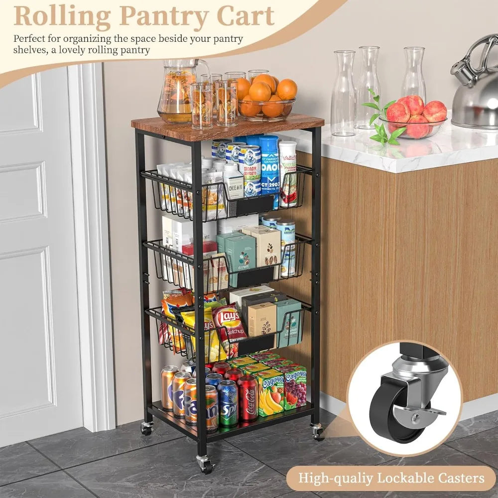 5-Tier Kitchen Storage Cart With Wood Top And Baskets